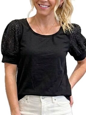 Jane and Delancey Black Eyelet Puff Sleeve Tee